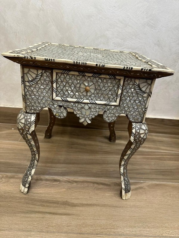 Antique Syrian Pedestal Table In Marquetry Inlaid With Mother-of-pearl C1900 gallery