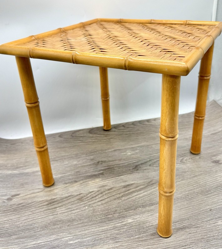 VTG Mid Century Bamboo Side Table Woven Rattan Top Boho MCM Accent Plant Stand gallery
