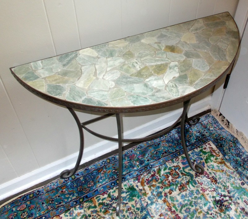 Vtg ROCK STONE MOSAIC CONSOLE Accent TABLE Demi Lune Wrought Iron Villa Garden