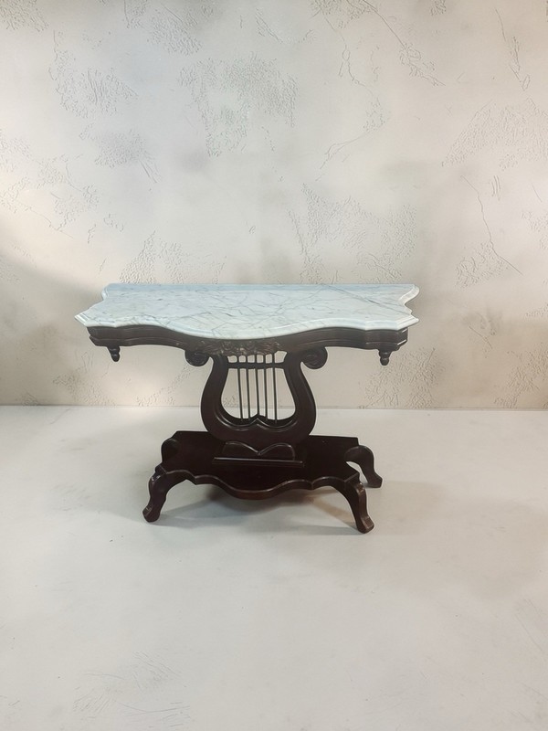 Vintage Marble Top Console Table – Solid Wood Lyre Base