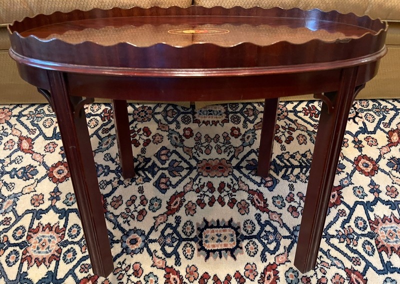 Council Craftsmen Mahogany Inlaid Oval Coffee Table With Scalloped Gallery gallery