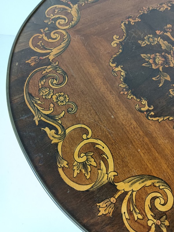 Round Italian marquetry wood inlay brass trims side coffee table Baroque style v gallery
