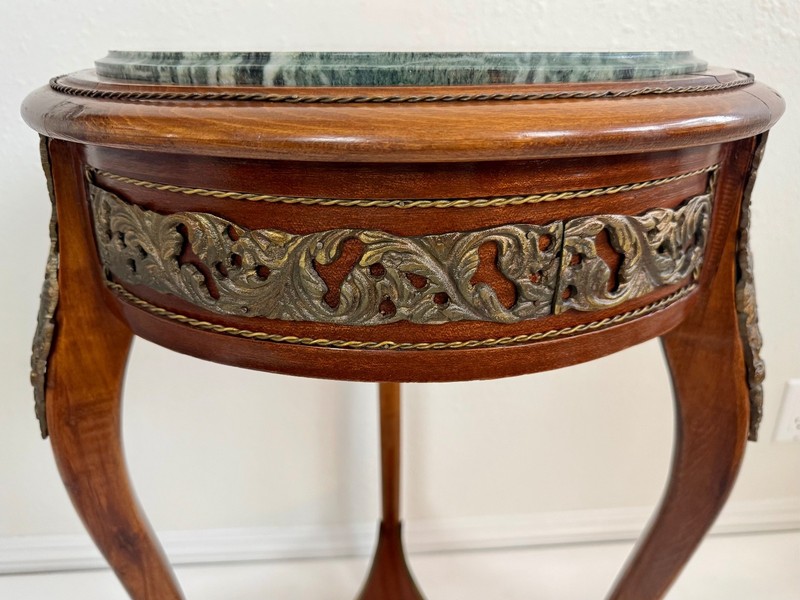 Early 20th-C Louis XV Walnut Ormolu Mounted Marble Top Side Table gallery