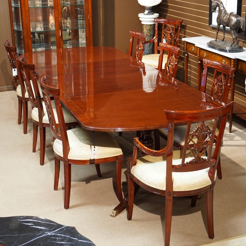 Beautiful 10′ Duncan Phyfe traditional mahogany 2 pedestal formal dining table