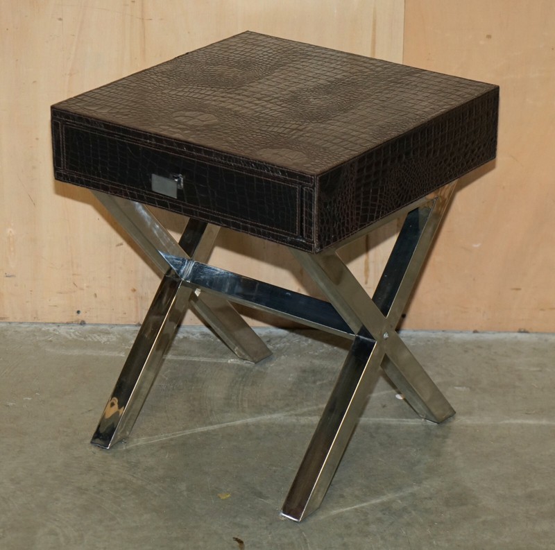 ANDREW MARTIN STYLE PAIR CHROME CROCODILE ALLIGATOR LEATHER PATINA SIDE TABLES gallery