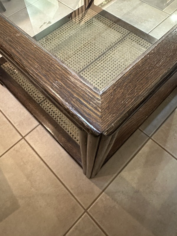 McGuire Regency Era Glass top Table 28x28x21 Vintage Rattan Wood gallery