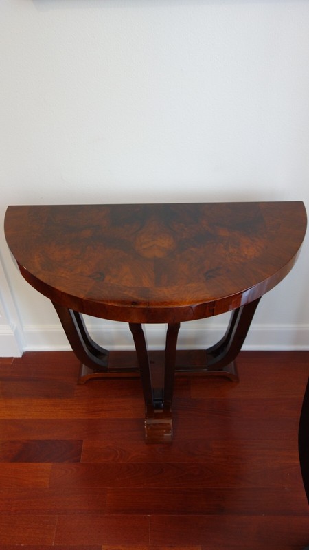 Art Deco Demilunes PAIR, Book Matched Walnut Burl, European Circa 1940 Excellent