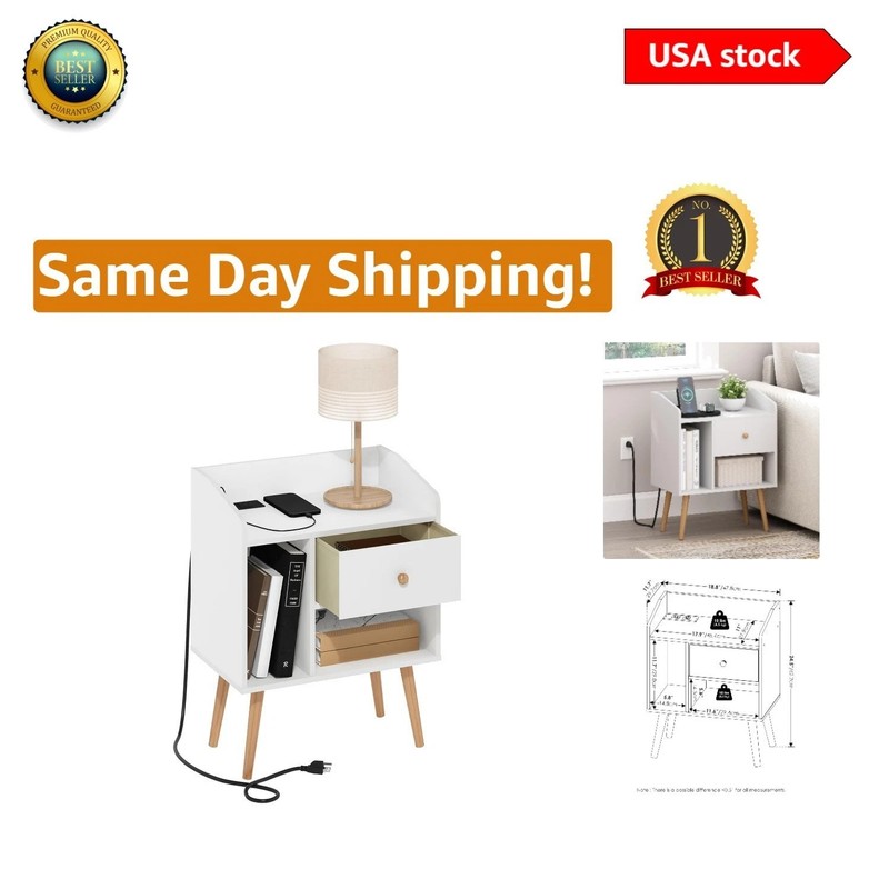 Claude Mid-Century End Table with Charging Station – White, Space-Saving Design