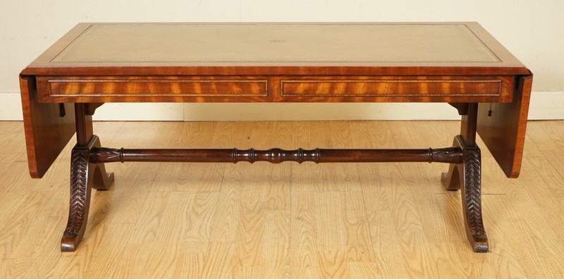 VINTAGE BEVAN FUNNELL EXTENDING MAHOGANY COFFEE TABLE WITH LEATHER TOP gallery
