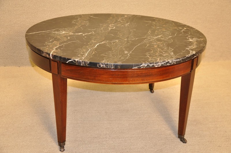 Regency Mahogany Round Coffee Table With Original Portoro Marble Top, c. 1940's gallery