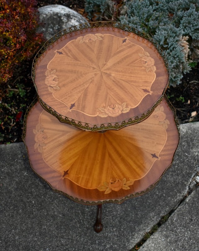 Vintage Two Tier Carved & Inlaid French Style Table w/Brass Gallery gallery
