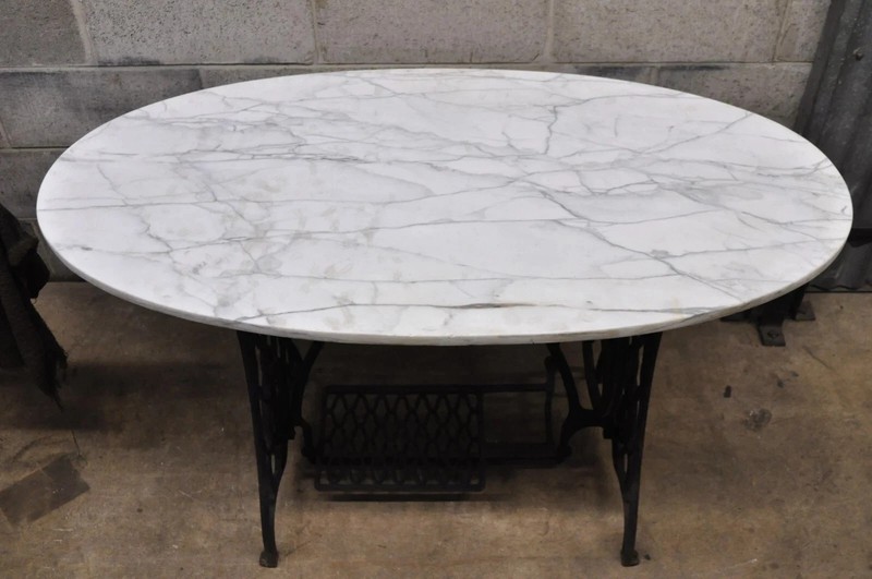 Antique Cast Iron Singer Treadle Sewing Machine Base Oval Marble Console Table gallery