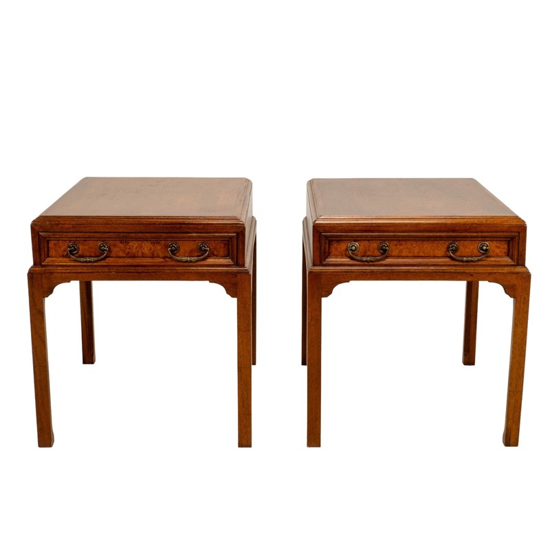 Vintage Burl Walnut Nightstands by Fine Arts Furniture W/ Brass Handles – A Pair