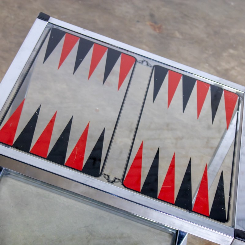Mid-20th MCM Game End or Side Table Chrome Cube Frame & Backgammon Glass Top gallery