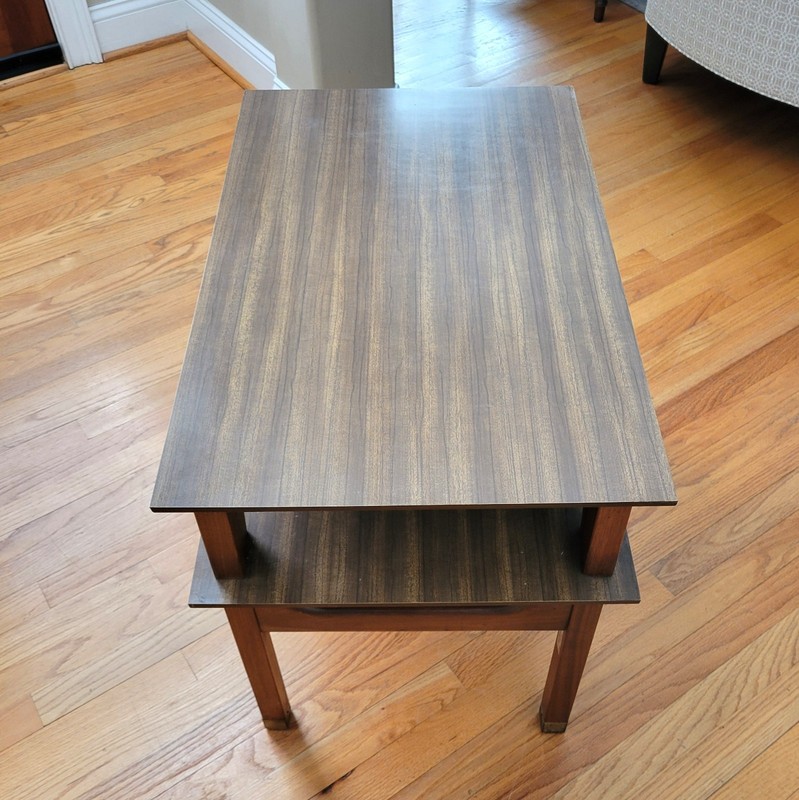 Vintage MCM Two Tiered Side/End Table Walnut Base Formica/Laminate Tops Unique! gallery