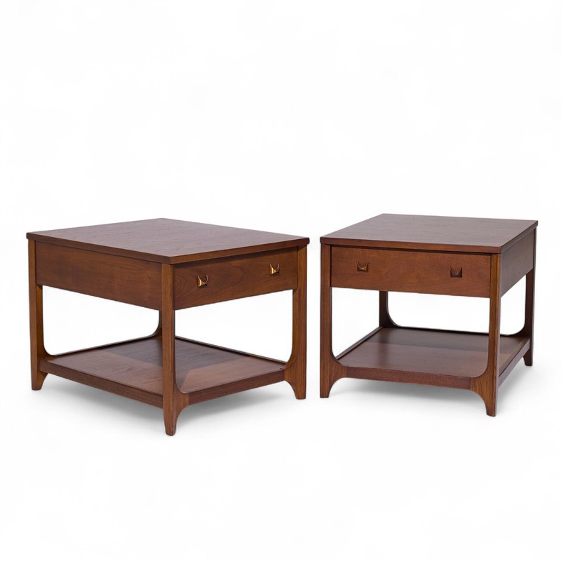 Broyhill Brasilia Mid Century Walnut and Brass Side End Tables - Pair gallery