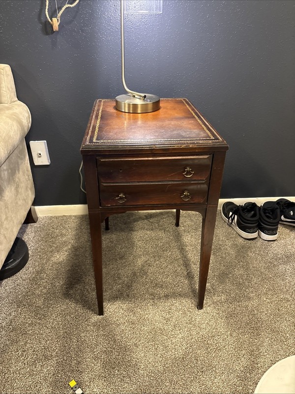 Antique Brown Wood Side Table with Leather Top, 2 Drawers & Carvings