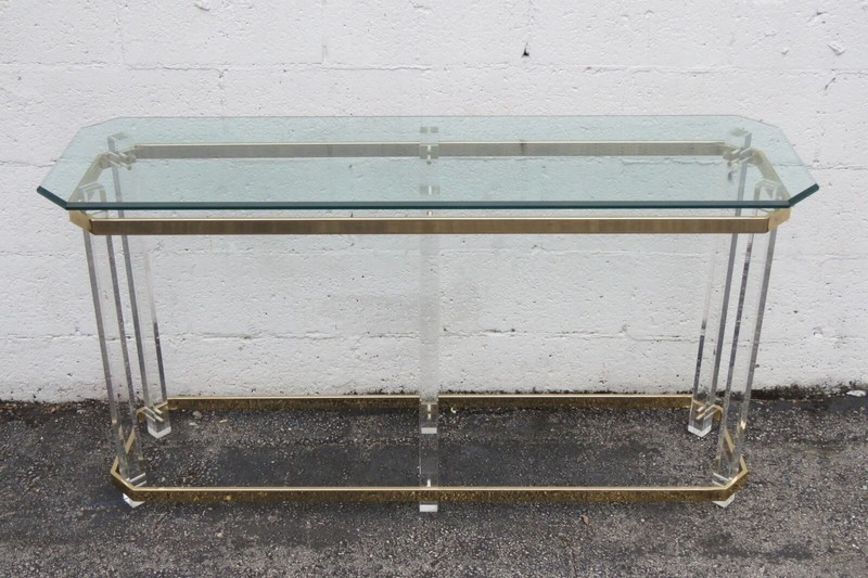 Hollywood Regency Lucite and Brass Finish Glass Top Console Table 5652
