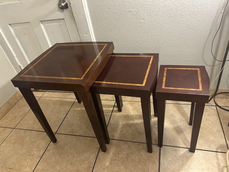 Vintage Solid Mahogany Inlaid Nesting Tables, Quality! Set Of 3 gallery