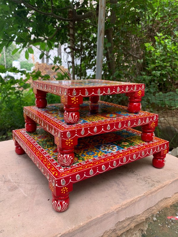 Colourful Hand Embossed Painted Bajot Set Wooden Decorative Chowki Decor Gift gallery