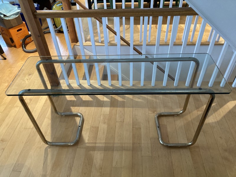 Vintage Mid Century modern Console Table with Brass Frame and Glass Top gallery