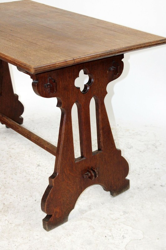 Antique French Solid Oak Gothic Ogee Writing Desk Table Bureau Plat Trestle