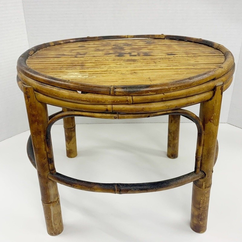 Vintage Tortoise Bamboo Stand Stool Plant Pot Oval 10” x 12” x 11” Mid Century