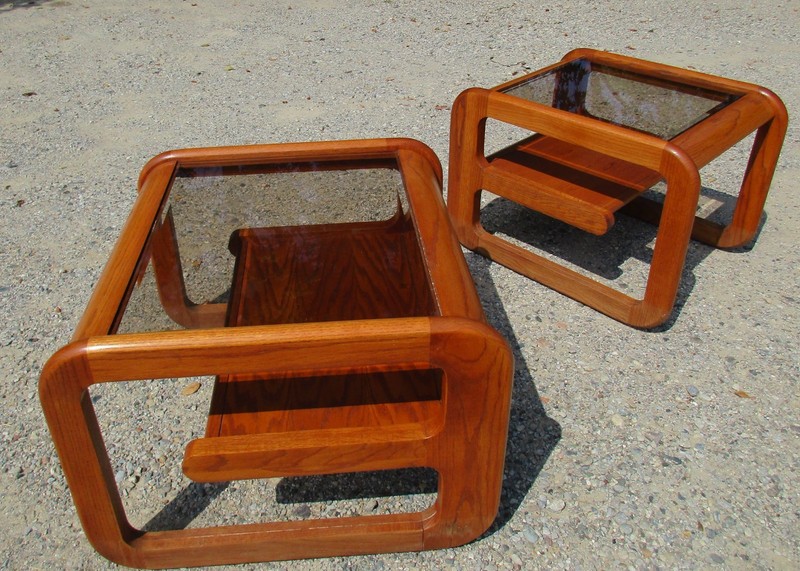 VTG 1970’s Mod Lou Hodges Mersman Oak Cantilever Beveled Glass End/Coffee Table