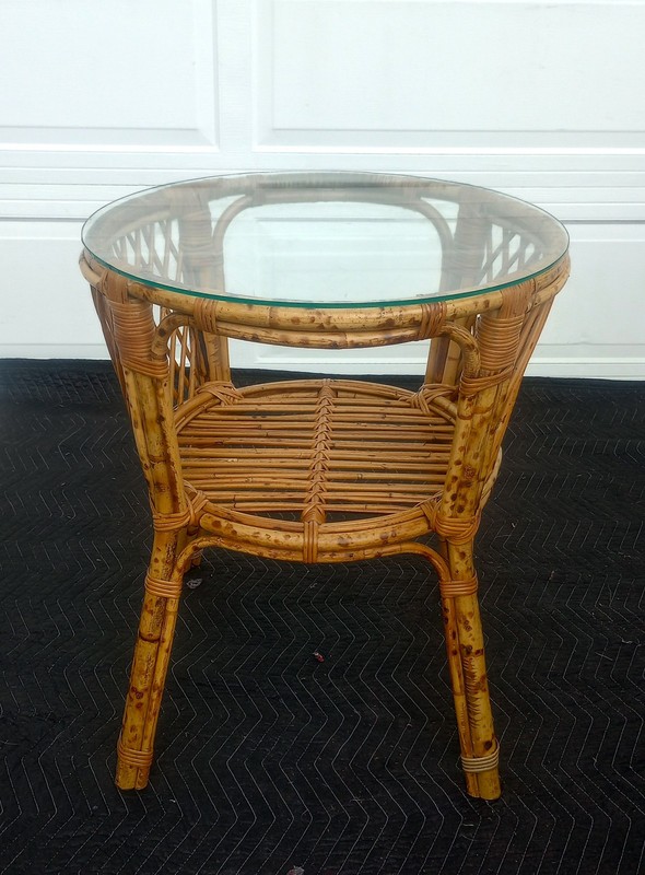 Mid Century Round Burnt Bamboo Side End Table Glass Top Dining Table Base gallery