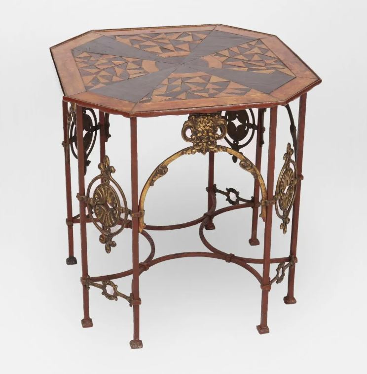OSCAR BACH INSPIRED ANTIQUE WROUGHT IRON & GILT TABLE WITH MOSAIC GLASS TOP gallery