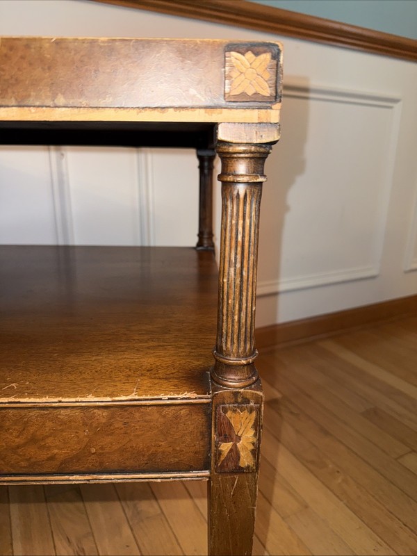 Antique Inlay Wood End Table 20x20x25" Wheel Inlaid Marquetry Read gallery