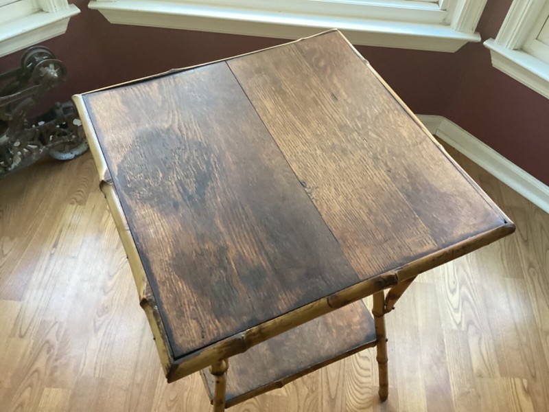 Antique Bamboo & Oak Aesthetic Movement Victorian Side Parlor Lamp Table 29x19sq gallery