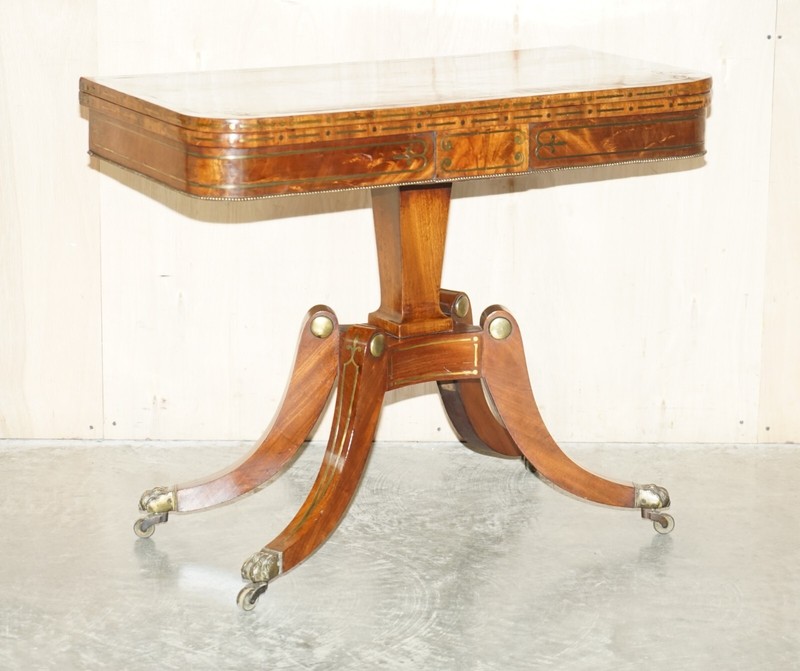 RESTORED ANTIQUE REGENCY CIRCA 1815 MAHOGANY & BRASS INLAID CARD GAMES TABLE gallery