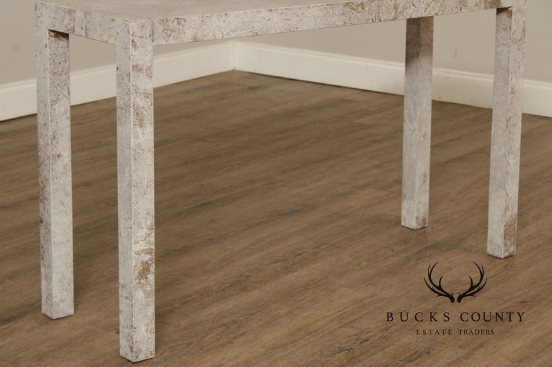 Mid Century Modern Cerused Painted Pair Of Burl Wood Parsons Console Tables gallery