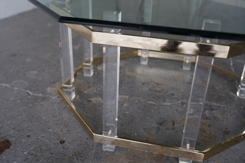 Charles Hollis Jones Post Modern Brass Lucite Octagonal Coffee Table gallery