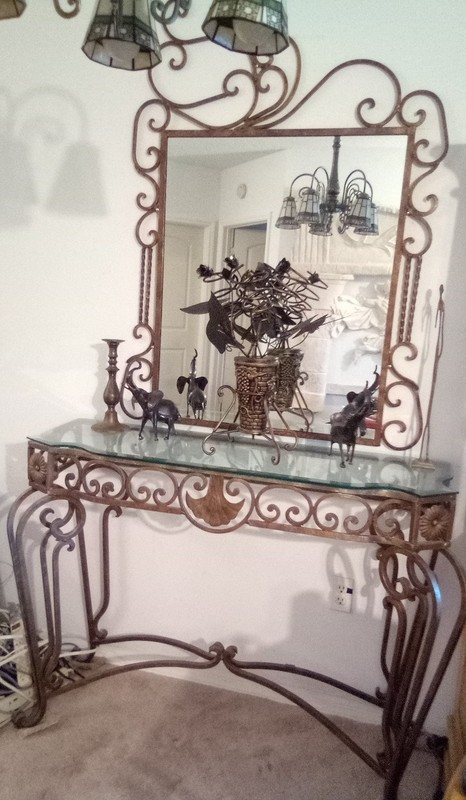 Vintage Large Wrought Iron Bronze Console Table with Mirror and Artistic Vase