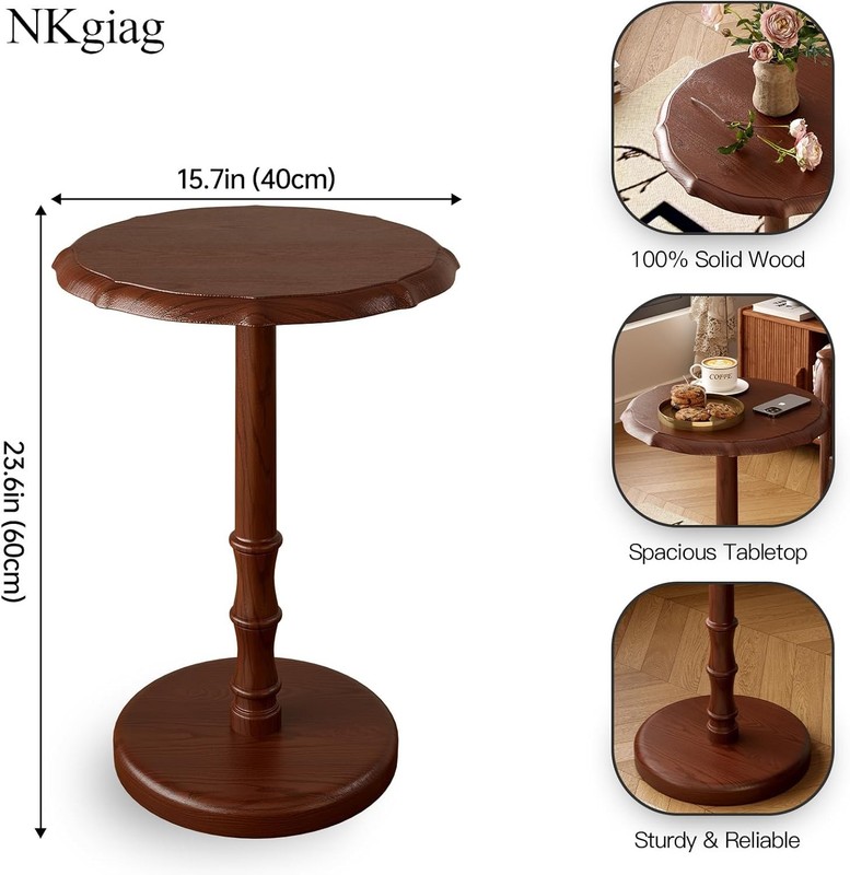 100% solid wood round base side table, heavy-duty antique-style decorative gallery