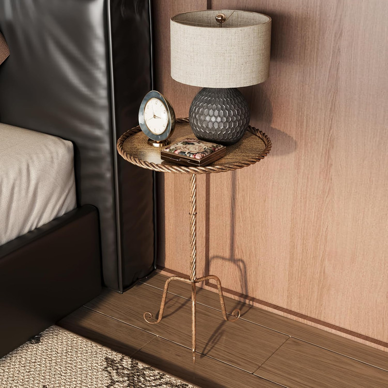Vintage Bronze round Metal Side Table with Raised Rim, Twisted Pedestal and Curv gallery