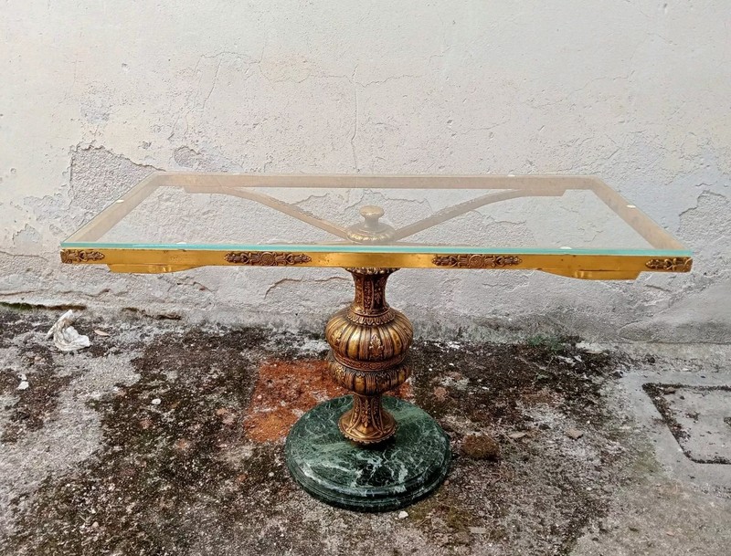 Mid Century French Brass, Glass & Malachite Marble Coffee Table 1950s