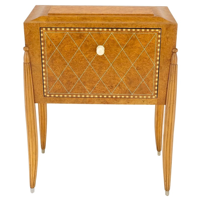 Art Deco Diamond Inlay Drop Front Burl Wood Stand Side Table Fluted Tapered Leg gallery