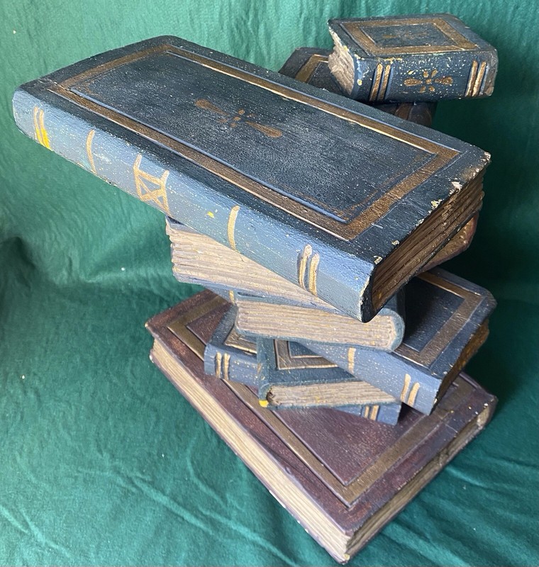 Vintage Side Table Stacked Faux Books Multi Color Hand Painted Wood Sculpture