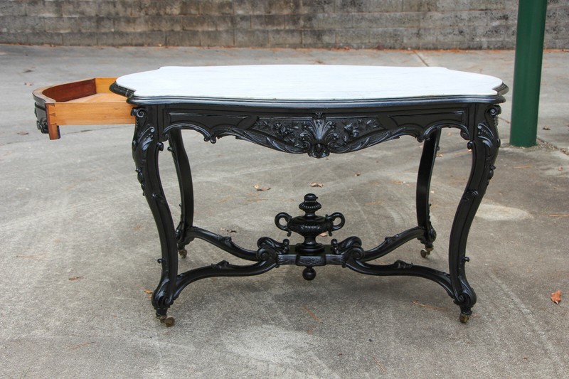 Outstanding Massive Victorian Rococo Ebonized Marble Top Center Table w Drawer gallery
