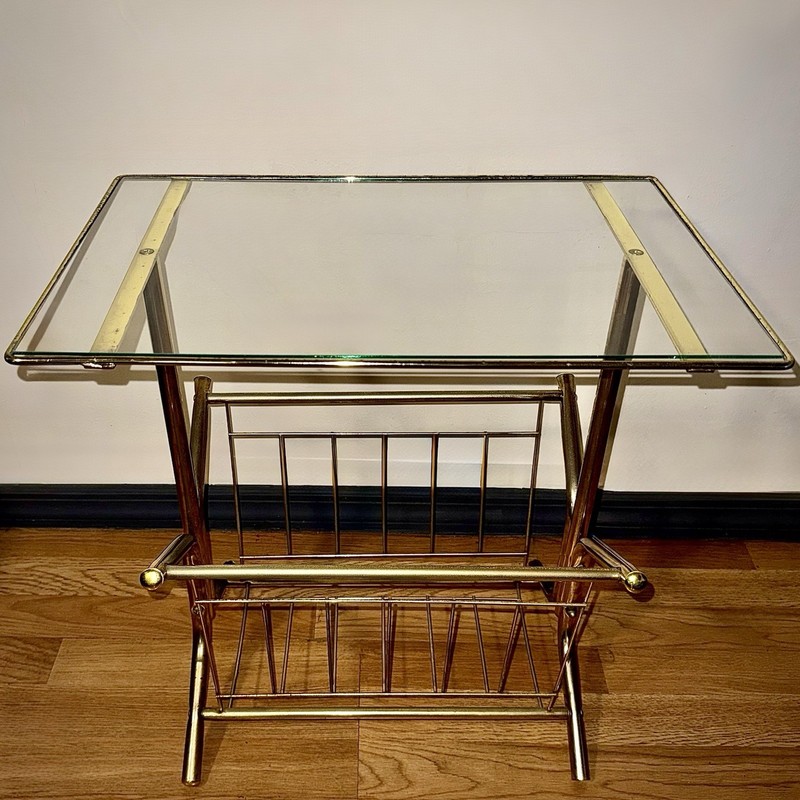 Vintage Brass & Glass Magazine Rack Side End Table Mid Century Modern 22” x 24”
