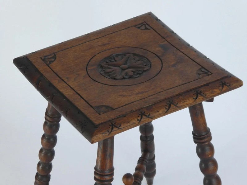 Antique Small Bobbin Wooden Stool, Carved Side Table with Flower, Barley Twist gallery