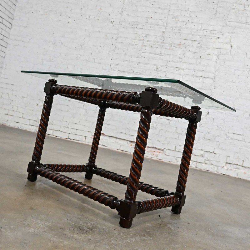 Late 20th Century Jacobean Style Barley Twist Base & Glass Top End Table