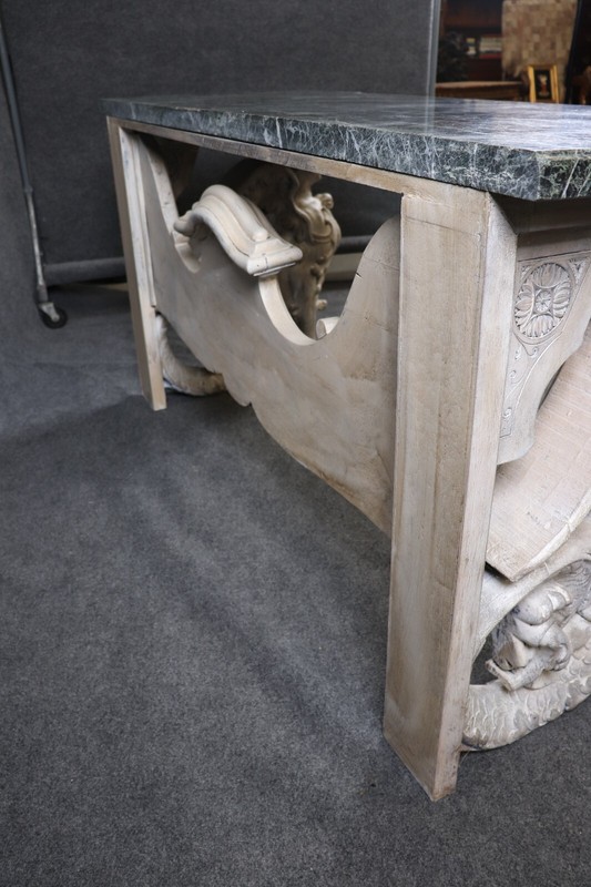 Stunning Monumental Figural Female Sphinx Carved Base Verdi Marble Console Table gallery