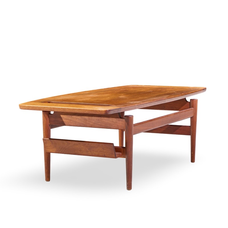 Jens Risom Model T-390 Mid Century Walnut Coffee Table with Magazine Rack gallery