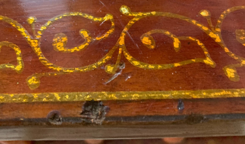 Vintage 18” Sankheda India Red and Gold End Table Lacquered Teak Marquetry Inlay gallery