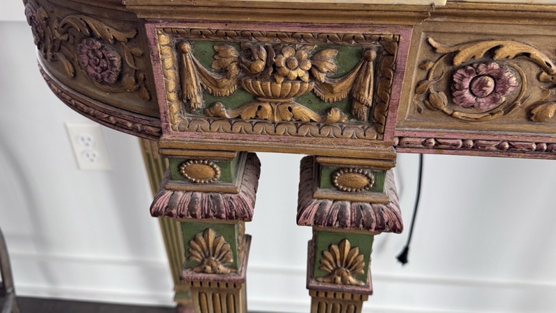 Antique Louis XVI Style Console Table, marble top over an ornate giltwood frame gallery