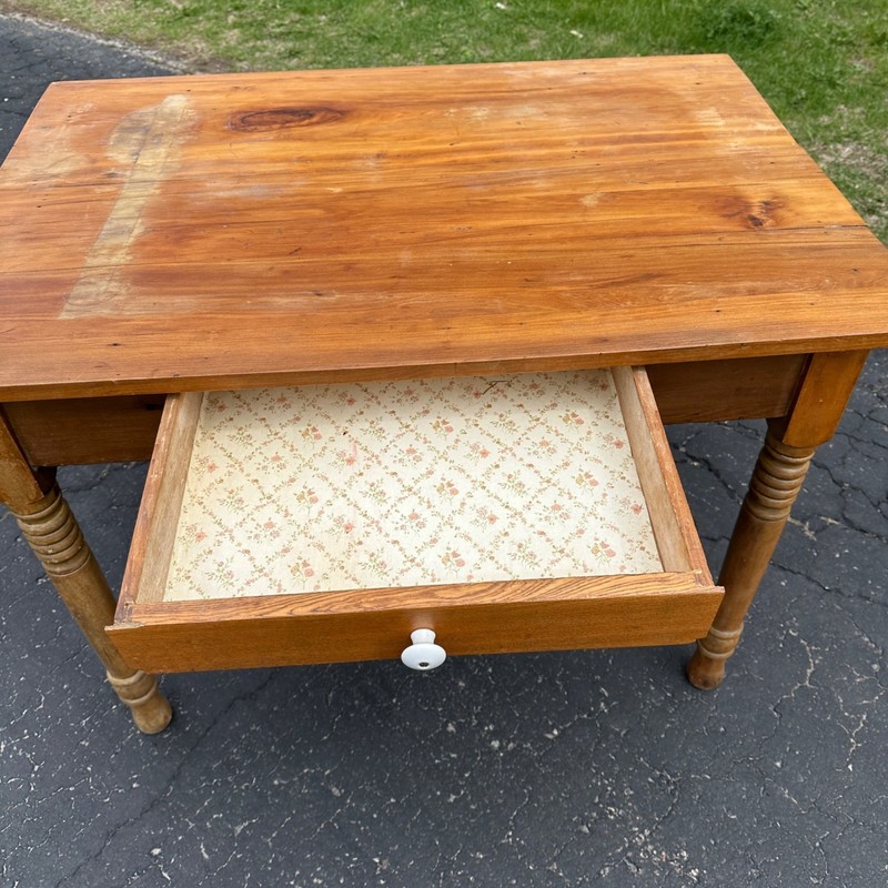 Antique Primitive Pine Wooden Table w/ Single Drawer gallery